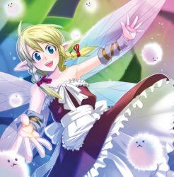 Rule 34 | 1girl, :3, apron, blonde hair, blue eyes, bow, braid, dress, fairy, frills, inue shinsuke, lowres, open mouth, original, outstretched arms, pointy ears, rainbow background, red dress, ribbon, smile, solo, spread arms, twin braids, wings