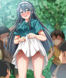 Rule 34 | 1girl, 4boys, absurdres, age difference, black hair, blurry, blurry background, blush, brown eyes, child, commentary request, commission, depth of field, dress, embarrassed, green shirt, hair ornament, hairband, hairclip, haruna (kancolle), highres, kantai collection, long hair, multiple boys, nose blush, official alternate costume, onee-shota, open mouth, pixiv commission, pleated dress, shirt, skirt, skirt hold, standing, upper body, white hairband, white skirt, zanntetu