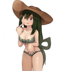 Rule 34 | 10s, 1girl, absurdres, asui tsuyu, bikini, black eyes, blush, boku no hero academia, breasts, cleavage, closed mouth, collarbone, finger to face, front-tie bikini top, front-tie top, green hair, hair between eyes, hair rings, highres, index finger raised, large breasts, long hair, looking at viewer, simple background, smile, solo, sookmo, swimsuit, tongue, tongue out, very long hair, white background