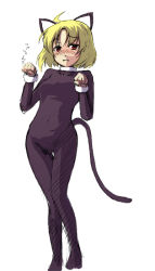 Rule 34 | 1girl, ahoge, animal ears, aobachi ichigou, blonde hair, blush, cat ears, cat girl, cat tail, catsuit, costume, female focus, looking at viewer, lunasa prismriver, paw pose, short hair, simple background, solo, standing, tail, thigh gap, touhou