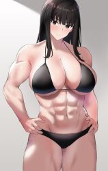 Rule 34 | 1girl, abs, alternate muscle size, amogan, bikini, black bikini, blunt bangs, breasts, brown eyes, brown hair, cowboy shot, girls und panzer, hands on own hips, highres, hime cut, huge breasts, looking at viewer, mature female, muscular, muscular female, nishizumi shiho, solo, swimsuit, tsurime
