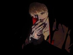 1boy black_background blonde_hair donquixote_rocinante fengcheche highres holding holding_lighter hood lighter lighting_cigarette makeup male_focus one_piece red_hood simple_background solo upper_body