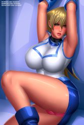 Rule 34 | 1girl, arms up, artist name, ass, bdsm, blonde hair, blue background, blue footwear, blue gloves, blue skirt, blush, bondage, boots, bound, breasts, cameltoe, dress, elbow gloves, eyeliner, female focus, gloves, highres, huge ass, huge breasts, latex, latex boots, latex dress, latex gloves, latex skirt, latex top, lipstick, long hair, makeup, panties, pink lips, pink panties, shiny clothes, shiny skin, sideboob, skirt, solo, svoidist, tenjouin asuka, thick thighs, thighs, underwear, very long hair, watermark, web address, yellow eyes, yu-gi-oh!, yu-gi-oh! gx