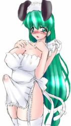 Rule 34 | 1girl, animal ears, apron, blush, breasts, bulge, cleavage, embarrassed, erection, erection under clothes, futanari, green eyes, green hair, large breasts, long hair, looking at viewer, low-tied long hair, lowres, naked apron, open mouth, rabbit ears, red-rum, see-through, solo, very long hair