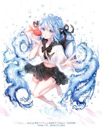 Rule 34 | 1girl, :o, absurdly long hair, absurdres, anniversary, aqua eyes, aqua hair, artist name, artist request, bare legs, barefoot, black bow, black bowtie, black ribbon, black sailor collar, black skirt, blue eyes, blue hair, bottle miku, bow, bowtie, breasts, collarbone, collared shirt, feet, female focus, fish, full body, goldfish, gradient hair, hair between eyes, hair bow, hair ribbon, hatsune miku, highres, kity1211 tetsu, liquid hair, long hair, looking at viewer, midriff, miniskirt, multicolored hair, navel, open mouth, parted lips, plaid, plaid skirt, pleated, pleated skirt, ribbon, sailor collar, sailor collar lift, sailor shirt, school uniform, shirt, short hair, short sleeves, simple background, skirt, small breasts, smile, solo, stomach, twintails, very long hair, vocaloid, water, white background, white shirt