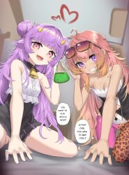 Rule 34 | 2girls, absurdres, ahoge, animal ears, bare shoulders, bell, blunt bangs, blush, breasts, center frills, collarbone, coni confetti, cow ears, cow girl, cow horns, cowbell, creator connection, double bun, english text, erlenmeyer flask, eyewear on head, fang, flask, frills, gradient hair, grin, hair bun, hand up, heart, heart ahoge, highres, holding, holding flask, horns, idol corp, long hair, looking at viewer, mole, mole under mouth, multicolored hair, multiple girls, muu muyu, neck bell, negative cha09, open mouth, orange hair, phase connect, pink hair, pov, purple eyes, purple hair, red hair, sharp teeth, skin fang, small breasts, smile, speech bubble, sunglasses, teeth, virtual youtuber