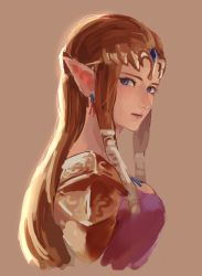 Rule 34 | 1girl, blue eyes, breasts, brown background, brown hair, closed mouth, commentary, dress, earrings, english commentary, from side, highres, jewelry, large breasts, long hair, looking at viewer, looking to the side, na (oagenosuke), nintendo, pink dress, pointy ears, princess zelda, shoulder pads, simple background, solo, the legend of zelda, upper body