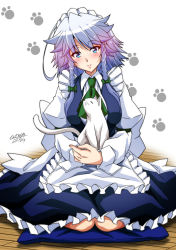 Rule 34 | 1girl, ahoge, animal, apron, arm garter, blue dress, blue eyes, blush, braid, breasts, cat, commentary request, cushion, dated, dress, frilled dress, frills, green neckwear, green ribbon, holding, holding animal, holding cat, izayoi sakuya, large breasts, maid, maid apron, maid headdress, paw print, puffy sleeves, ribbon, seiza, silver hair, sitting, smile, solo, tatsuya (guild plus), touhou, twin braids, twitter, twitter username, white cat, wing collar, wooden floor, wrist cuffs