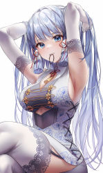 Rule 34 | 1girl, absurdres, alternate costume, armpits, arms up, ayaka (genshin impact), blue eyes, blue hair, blunt bangs, blunt tresses, breasts, china dress, chinese clothes, chinese knot, cleavage, cleavage cutout, clothing cutout, cross-laced clothes, crossed legs, dress, elbow gloves, floral print, flower knot, garter straps, genshin impact, gloves, hair ribbon, hair tie in mouth, highres, holding, holding own hair, lace, lace-trimmed gloves, lace-trimmed legwear, lace trim, large breasts, long hair, looking at viewer, medium breasts, mouth hold, nagul, red ribbon, ribbon, sideboob, sidelocks, simple background, sitting, sleeveless, sleeveless dress, solo, tassel, teeth hold, thighhighs, tress ribbon, two-tone dress, tying hair, white background, white dress, white gloves, white thighhighs