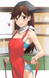 Rule 34 | 1girl, absurdres, apron, artist request, bra, breasts, brown eyes, brown hair, evangelion: 3.0+1.0 thrice upon a time, heart, highres, kitchen, letterboxed, lingerie, long hair, looking at viewer, naked apron, neon genesis evangelion, outside border, panties, rebuild of evangelion, scarf, shiny clothes, smile, solo, suzuhara sakura, underwear, very long hair