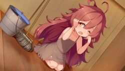 Rule 34 | 1girl, artist request, bare shoulders, blush, brown dress, bucket, dress, game cg, hair between eyes, long hair, looking at viewer, messy hair, mini person, minigirl, monster musume no iru nichijou, monster musume no iru nichijou online, official art, one eye closed, open mouth, red hair, solo, spaghetti strap, torn clothes, torn dress, unyi (monster musume)