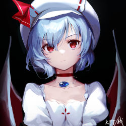 Rule 34 | 1girl, artist name, bat wings, beret, black background, blue hair, breasts, choker, closed mouth, commentary request, dress, hair between eyes, hair over one eye, hat, hat ribbon, highres, jewelry, juliet sleeves, kyoto fantasy troupe, long sleeves, looking at viewer, necklace, puffy sleeves, red choker, red eyes, red ribbon, remilia scarlet, ribbon, short hair, simple background, small breasts, solo, touhou, upper body, white dress, white hat, wings