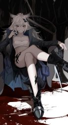 Rule 34 | 1girl, absurdres, animal ears, arknights, bandeau, bare legs, black footwear, black nails, black shorts, blood, boots, collarbone, crossed legs, feet out of frame, grey eyes, grey jacket, grin, hair between eyes, hair ornament, hairclip, high collar, highres, jacket, katana, lappland (arknights), liumuqiao, long hair, long sleeves, looking at viewer, material growth, midriff, nail polish, open clothes, open jacket, oripathy lesion (arknights), scar, scar across eye, scar on face, short shorts, shorts, silver hair, sitting, smile, solo, strapless, sword, thighs, tube top, weapon, wolf ears