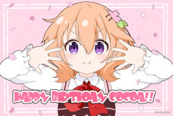 Rule 34 | 1girl, brown hair, character name, closed mouth, commentary request, gochuumon wa usagi desu ka?, hair between eyes, hair ornament, hairclip, hands up, happy birthday, hoto cocoa, long sleeves, looking at viewer, mitya, petals, pink background, pink vest, puffy long sleeves, puffy sleeves, purple eyes, rabbit house uniform, shirt, smile, solo, twitter username, uniform, upper body, v-shaped eyebrows, vest, waitress, white shirt