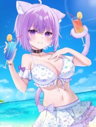Rule 34 | 1girl, ahoge, animal collar, animal ears, beach, bikini, bikini skirt, black collar, blush, breasts, cat ears, cat girl, cat tail, cleavage, collar, crossed bangs, double-parted bangs, frilled bikini, frilled skirt, frills, groin, hair between eyes, holding, holding with tail, hololive, hololive summer 2022 swimsuit, large breasts, looking at viewer, miniskirt, navel, negima (le ne38), nekomata okayu, ocean, official alternate costume, parted lips, prehensile tail, print bikini, purple eyes, purple hair, short hair, skirt, smile, solo, swimsuit, tail, tropical drink, virtual youtuber, white bikini, white skirt