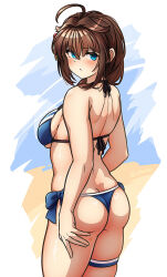 Rule 34 | 1girl, ahoge, arthur ko, ass, back, bare arms, bare legs, bare shoulders, bikini, blue bikini, blue eyes, blush, breasts, brown hair, butt crack, closed mouth, cowboy shot, hair between eyes, highres, kantai collection, long hair, looking at viewer, medium breasts, official alternate costume, shigure (kancolle), shigure kai san (kancolle), shigure kai san (swimsuit) (kancolle), solo, swimsuit, thigh strap