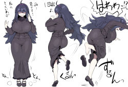 Rule 34 | 1girl, @ @, absurdres, ahoge, alternate breast size, ass, barefoot, breasts, character sheet, commentary request, creatures (company), dress, feet, game freak, hairband, hex maniac (pokemon), highres, kedamono kangoku-tou, large breasts, long hair, long sleeves, messy hair, multiple views, nintendo, pokemon, pokemon xy, purple dress, purple eyes, purple hair, shoes, simple background, soles, solo focus, standing, text focus, toes, translation request, unworn shoes, very long hair, wavy mouth, white background