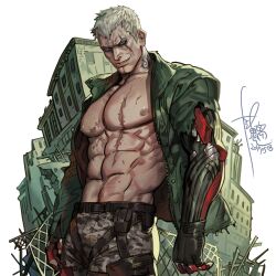 Rule 34 | 1boy, absurdres, bara, bare pectorals, belt, bryan fury, camouflage, camouflage pants, closed mouth, evil smile, green jacket, grey eyes, grey hair, highres, jacket, long sleeves, looking at viewer, male focus, military jacket, navel, nipples, open clothes, open jacket, pants, pectorals, scar, scar on chest, short hair, signature, simple background, smile, solo, stomach, tattoo, tekken, tekken 7, torn clothes, torn jacket, upper body, white background, yi lee
