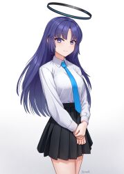 Rule 34 | 1girl, absurdres, alternate costume, alternate hairstyle, black skirt, blue archive, blue necktie, collared shirt, commentary, durian12, english commentary, hair down, halo, high-waist skirt, highres, long hair, long sleeves, looking at viewer, necktie, pleated skirt, purple eyes, purple hair, school uniform, shirt, sidelocks, simple background, skirt, smile, solo, summer uniform, v arms, white background, white shirt, yuuka (blue archive)
