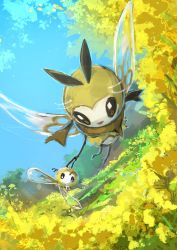 Rule 34 | absurdres, artist name, black eyes, blue sky, bug, creatures (company), cutiefly, day, day walker1117, english text, evolutionary line, eye contact, fairy, field, flower, flower field, flying, full body, game freak, gen 7 pokemon, grass, highres, holding hands, insect wings, looking at another, looking back, nintendo, outdoors, pokemon, pokemon (creature), ribombee, signature, sky, tree, wings, yellow flower, yellow theme