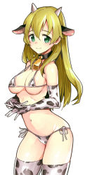 Rule 34 | 1girl, alternate costume, animal ears, animal print, bell, bikini, black thighhighs, blonde hair, breasts, carpaccio (girls und panzer), cleavage, closed mouth, collar, commentary request, cow ears, cow horns, cow print, cow print bikini, cow print gloves, cow print thighhighs, cowbell, cowboy shot, elbow gloves, girls und panzer, gloves, green eyes, highres, horns, kemonomimi mode, large breasts, long hair, looking at viewer, micro bikini, nakasone haiji, navel, neck bell, own hands together, print bikini, print gloves, print thighhighs, side-tie bikini bottom, simple background, skindentation, smile, solo, standing, strap gap, string bikini, swimsuit, thighhighs, white background