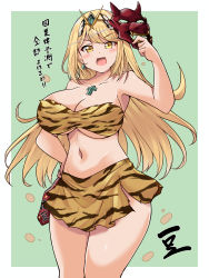 Rule 34 | 1girl, bandeau, bikini, blonde hair, breasts, chinese zodiac, commentary request, earrings, gem, headpiece, highres, jewelry, kurokaze no sora, large breasts, long hair, mask, mask on head, mythra (xenoblade), oni mask, solo, strapless, strapless bikini, swept bangs, swimsuit, tiara, translation request, very long hair, xenoblade chronicles (series), xenoblade chronicles 2, year of the tiger, yellow eyes