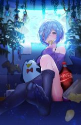 Rule 34 | 1girl, ahoge, bad id, bad pixiv id, bare shoulders, belt, bird, blue eyes, blue hair, blush, chips (food), coca-cola, cola, controller, cookie, cup, eating, fish, food, goowonjoon, hair over one eye, highres, lamp, long sleeves, looking at viewer, original, pantyhose, pantyhose around legs, pencil, penguin, plant, short hair, shorts, unworn shorts, sleeves past wrists, soles, solo, stuffed animal, stuffed toy, sweater