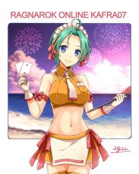 Rule 34 | 1girl, 20nigu, ace (playing card), ace of diamonds, aerial fireworks, ahoge, apron, beach, blue eyes, breast pocket, breasts, card, clipboard, closed mouth, cloud, commentary request, cowboy shot, crop top, diamond (shape), fireworks, gloves, green hair, holding, holding clipboard, kafra uniform, large breasts, looking at viewer, maid, maid headdress, midriff, miniskirt, navel, neckerchief, ocean, orange shirt, orange skirt, orange thighhighs, outdoors, parted bangs, playing card, pocket, ragnarok online, sampaguita (ragnarok online), shirt, short hair, signature, skirt, sleeveless, sleeveless shirt, smile, solo, thighhighs, two of diamonds, white apron, white gloves, white neckerchief