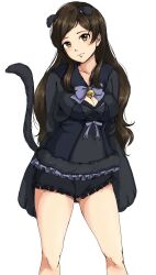 Rule 34 | 1girl, animal ears, animal hands, bell, black bloomers, black jacket, bloomers, blue bow, blue bowtie, blush, bow, bowtie, breasts, brown eyes, brown hair, cat ears, cleavage, closed mouth, collarbone, cowboy shot, fake animal ears, frilled jacket, frills, gatsby ssl, gloves, highres, idolmaster, idolmaster million live!, idolmaster million live! theater days, jacket, jingle bell, kitazawa shiho, long hair, looking at viewer, medium breasts, paw gloves, simple background, solo, standing, underwear, white background