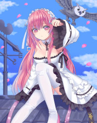 Rule 34 | 1girl, animal, azur lane, bird, blue hairband, blue sky, boots, breasts, cleavage, closed mouth, cloud, commentary request, day, detached sleeves, dress, frilled dress, frilled hairband, frills, hair between eyes, hairband, long hair, long sleeves, looking at viewer, medium breasts, outdoors, owl, panties, perseus (azur lane), petals, pink eyes, pink hair, rooftop, sitting, sky, sleeves past wrists, solo, strapless, strapless dress, thigh boots, thighhighs, tukino neru, underwear, very long hair, white dress, white footwear, white panties, white sleeves, white thighhighs, wide sleeves