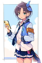 Rule 34 | 1girl, asakura toru, black border, blouse, blue eyes, blue jacket, blue necktie, blue ribbon, blue skirt, blue sky, border, cellphone, cloud, cloudy sky, collared shirt, commentary request, cowboy shot, grey hair, hair ribbon, holding, holding phone, horizon, idolmaster, idolmaster shiny colors, jacket, letterman jacket, long sleeves, looking at viewer, loose necktie, miniskirt, necktie, odawara hakone, open clothes, open jacket, parted lips, phone, plaid, plaid skirt, ribbon, shirt, short hair, skirt, sky, smartphone, smile, solo, standing, white shirt, wing collar