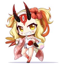 Rule 34 | 1girl, bare shoulders, blonde hair, brown eyes, candy apple, chibi, chocolate banana, corn, cotton candy, facial mark, fang, fate/grand order, fate (series), floral print, flower, food, forehead mark, grin, hair flower, hair ornament, holding, holding food, horns, ibaraki douji (fate), ibaraki douji (fate/grand order), ibaraki douji (swimsuit lancer) (fate), ibaraki douji (swimsuit lancer) (second ascension) (fate), japanese clothes, kimono, long hair, long sleeves, looking at viewer, one-piece swimsuit, oni, oni horns, open clothes, open kimono, parted bangs, pink kimono, print kimono, red flower, sausage, shachoo., smile, solo, standing, standing on one leg, strapless, strapless one-piece swimsuit, swimsuit, very long hair, white background, white one-piece swimsuit, wide sleeves