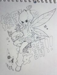 Rule 34 | 1girl, bandai, breasts, digimon, fairy, fairy wings, female focus, fujihana (mugenpixel), gradient background, lilimon, looking at viewer, monochrome, skirt, solo, traditional media, wings