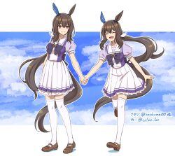 Rule 34 | 2girls, admire vega&#039;s twin sister (umamusume), admire vega (umamusume), animal ears, bow, bowtie, breasts, brown footwear, brown hair, clone, closed eyes, closed mouth, cofee fan, full body, holding hands, horse ears, horse girl, horse tail, long hair, looking at another, low ponytail, multiple girls, open mouth, purple shirt, sailor collar, school uniform, shirt, shoes, skirt, small breasts, smile, tail, tracen school uniform, twitter username, umamusume, walking, white background, white skirt