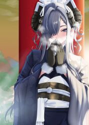 Rule 34 | 1girl, absurdres, august von parseval (azur lane), azur lane, black gloves, black horns, blue eyes, blue hair, blue kimono, blush, bow, braid, breath, covering own mouth, curled horns, floral print, floral print kimono, gloves, hair bow, hair over one eye, hand to own mouth, hands up, highres, horns, japanese clothes, kimono, long hair, long sleeves, looking at viewer, parted lips, sankyo (821-scoville), solo, textless version, upper body, white bow, wide sleeves, winter