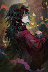 Rule 34 | 1boy, black hair, black jacket, blue eyes, closed mouth, frown, hair between eyes, haori, highres, holding, holding sword, holding weapon, jacket, japanese clothes, kimetsu no yaiba, long hair, long sleeves, looking at viewer, looking back, male focus, matcho, signature, solo, spiked hair, sword, tomioka giyuu, weapon
