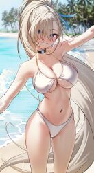 Rule 34 | 1girl, asuna (blue archive), bare shoulders, beach, bikini, blue archive, blue eyes, blurry, blurry background, blush, breasts, cleavage, commentary request, eyes visible through hair, grey hair, hair ornament, hair over one eye, highres, large breasts, long hair, looking at viewer, navel, outdoors, parted lips, ponytail, smile, solar (happymonk), solo, stomach, swimsuit, teeth, thighs, white bikini