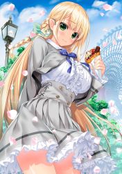Rule 34 | 1girl, arm behind back, berry, blonde hair, blouse, blush, braid, cowboy shot, crepe, day, feet, ferris wheel, food, food wrapper, frilled shirt, frills, green eyes, grey skirt, highres, holding, holding food, ice cream, lamppost, long hair, long sleeves, looking at viewer, magical explorer, outdoors, petals, petticoat, pleated skirt, shintarou, shirt, single braid, skirt, smile, solo, thighs, white shirt