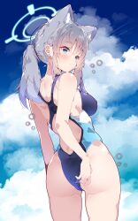 1girl absurdres animal_ear_fluff animal_ears ass black_one-piece_swimsuit blue_archive blue_eyes blue_halo blue_sky breasts cloud competition_swimsuit cross cross_hair_ornament day extra_ears grey_hair hair_ornament halkawa501 halo highleg highleg_one-piece_swimsuit highres inverted_cross low_ponytail medium_breasts medium_hair mismatched_pupils multicolored_clothes multicolored_swimsuit official_alternate_costume one-piece_swimsuit outdoors shiroko_(blue_archive) shiroko_(swimsuit)_(blue_archive) sky solo swimsuit two-tone_swimsuit wolf_ears