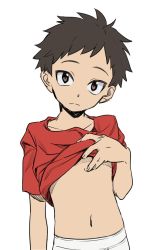Rule 34 | 1boy, black hair, briefs, brown eyes, character request, child, clothes lift, copyright request, highres, looking at viewer, male focus, male underwear, navel, red shirt, shirt, shirt lift, short hair, simple background, solo, t-shirt, underwear, uraketa, white background