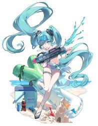 1girl absurdres aqua_bikini aqua_eyes aqua_hair bare_shoulders beach bikini black_scrunchie blush bracelet can commentary cooler drink_can floating_hair full_body hair_between_eyes hair_ornament hair_scrunchie hands_up hatsune_miku highres holding holding_water_gun hya_ro inflatable_toy jewelry long_hair navel necklace number_tattoo ocean one_eye_closed open_mouth outside_border sand_castle sand_sculpture sandals scrunchie simple_background soda_bottle soda_can solo spring_onion standing standing_on_one_leg striped_bikini striped_clothes swimsuit symbol-only_commentary tattoo teeth thigh_strap twintails upper_teeth_only very_long_hair visor_cap vocaloid watch water water_gun white_background wristwatch