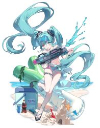 Rule 34 | 1girl, absurdres, aqua bikini, aqua eyes, aqua hair, bare shoulders, beach, bikini, black scrunchie, blush, bracelet, can, commentary, cooler, drink can, floating hair, full body, hair between eyes, hair ornament, hair scrunchie, hands up, hatsune miku, highres, holding, holding water gun, hya ro, inflatable toy, jewelry, long hair, navel, necklace, number tattoo, ocean, one eye closed, open mouth, outside border, sand castle, sand sculpture, sandals, scrunchie, simple background, soda bottle, soda can, solo, spring onion, standing, standing on one leg, striped bikini, striped clothes, swimsuit, symbol-only commentary, tattoo, teeth, thigh strap, twintails, upper teeth only, very long hair, visor cap, vocaloid, watch, water, water gun, white background, wristwatch