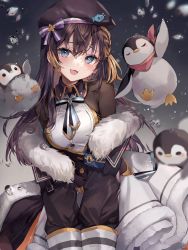 Rule 34 | :3, ame929, anchor earrings, baby penguin, beret, bird, black coat, black hair, blue bow, blue bowtie, blue eyes, bodystocking, bow, bowtie, braid, braided bangs, breasts, coat, collared dress, cowboy shot, dress, earrings, fur trim, gold trim, hair between eyes, hat, highres, jewelry, leaning to the side, long hair, long sleeves, looking at viewer, medium breasts, multicolored hair, nijisanji, nijisanji en, official alternate costume, open mouth, orange hair, penguin, penguin girl, pentomo (petra gurin), petra gurin, single earring, smile, snowing, straight hair, two-tone bowtie, two-tone hair, v arms, virtual youtuber, white bow, white bowtie