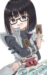 Rule 34 | 1girl, :d, between fingers, black-framed eyewear, black hair, black shirt, blue eyes, blunt bangs, blush, card, commentary request, cosplay, glasses, hand up, highres, holding, holding card, juliet sleeves, kaiba seto, kaiba seto (cosplay), long sleeves, looking at viewer, mimikaki (men bow), open mouth, original, puffy sleeves, semi-rimless eyewear, shirt, simple background, smile, smug, solo, thick eyebrows, under-rim eyewear, v-shaped eyebrows, white background, yu-gi-oh!, yu-gi-oh! duel monsters