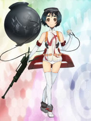 Rule 34 | 10s, 1girl, abstract background, black hair, brown eyes, diving mask, elbow gloves, explosive, full body, gloves, goggles, kantai collection, looking at viewer, mark 10 (naval mine), maru-yu (kancolle), mine (weapon), naval mine, one-piece swimsuit, re (tori), school swimsuit, short hair, smile, solo, standing, swimsuit, thighhighs, walking, weapon, white school swimsuit, white one-piece swimsuit, white thighhighs