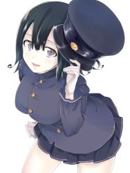 Rule 34 | 10s, 1girl, akitsu maru (kancolle), black hair, black hat, black skirt, blush, breasts, buttons, colored skin, gloves, grey eyes, hat, holding, holding clothes, holding hat, kantai collection, large breasts, leaning, leaning forward, long sleeves, military, military uniform, open mouth, pale skin, peaked cap, pleated skirt, shimako (mehr), short hair, simple background, skirt, solo, uniform, unworn hat, unworn headwear, white background, white gloves, white skin