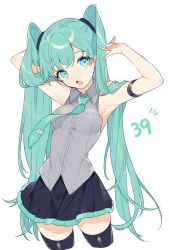 Rule 34 | 1girl, 39, absurdres, aqua hair, aqua necktie, armband, armpits, arms up, bare shoulders, black skirt, black thighhighs, blue eyes, breasts, collared shirt, commentary, cropped legs, grey shirt, hatsune miku, highres, long hair, medium breasts, miniskirt, necktie, open mouth, pleated skirt, shirt, simple background, skirt, sleeveless, sleeveless shirt, sogawa, solo, thighhighs, twintails, twitter username, vocaloid, white background, zettai ryouiki