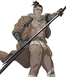 Rule 34 | 1boy, abs, bandaged leg, bandages, bara, bare pectorals, black hair, facial hair, fundoshi, highres, holding, holding sword, holding weapon, huan shi tian tong, japanese clothes, katana, male focus, male underwear, multicolored hair, muscular, muscular male, mustache stubble, nipples, parted lips, pectorals, prosthesis, prosthetic arm, scar, scar on chest, scar on leg, sekiro, sekiro: shadows die twice, simple background, solo, stubble, sword, topknot, underwear, weapon, white background, white hair