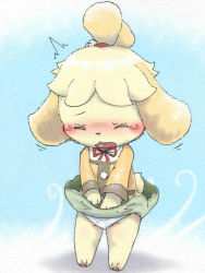 Rule 34 | 1girl, animal crossing, animal ears, animal hands, bell, blonde hair, blue background, blush, closed eyes, clothes lift, dog ears, dog tail, embarrassed, feet, female focus, full body, furry, furry female, furuya muku, green skirt, hair bell, hair ornament, hair tie, isabelle (animal crossing), jacket, jingle bell, jpeg artifacts, long sleeves, nintendo, open mouth, panties, pantyshot, paw print, red ribbon, ribbon, short hair, simple background, skirt, skirt lift, solo, standing, tail, underwear, v arms, white panties, wind, wind lift, yellow jacket