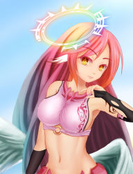 Rule 34 | 10s, 1girl, angel wings, book, breasts, bridal gauntlets, feathered wings, finger to mouth, halo, head wings, jibril (no game no life), long hair, looking at viewer, low wings, magic circle, navel, no game no life, orange eyes, panysua, pink hair, pink thighhighs, sideboob, smile, solo, symbol-shaped pupils, thighhighs, white wings, wings